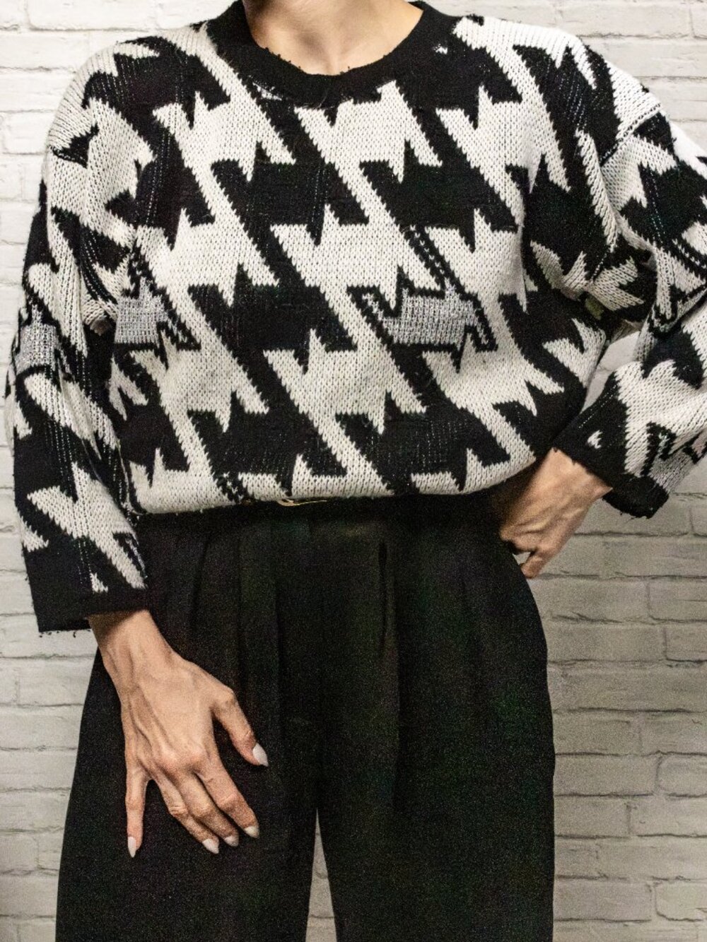 80's Retro "Miss V" Black & White Houndstooth Sweater